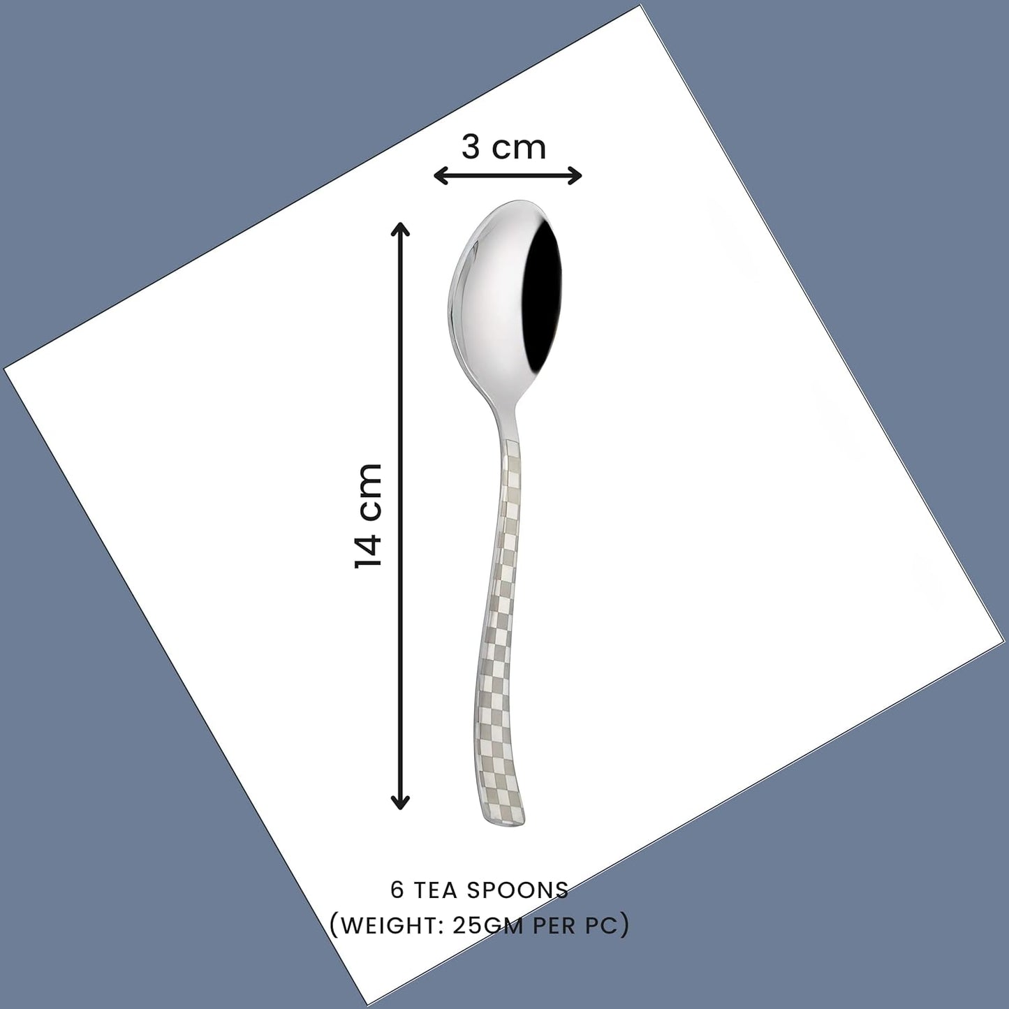 6 Pieces Stainless Steel Premium Tea Spoon Set, 14 cm, Silver, Checks Design