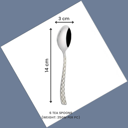 6 Pieces Stainless Steel Premium Tea Spoon Set, 14 cm, Silver, Checks Design