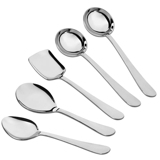 5 Pcs Stainless Steel Serving Spoon Set for Kitchen & Dining – Heavy Gauge 1.8mm, Soup Ladle, Solid, Rice & Basting Spoons, Silver