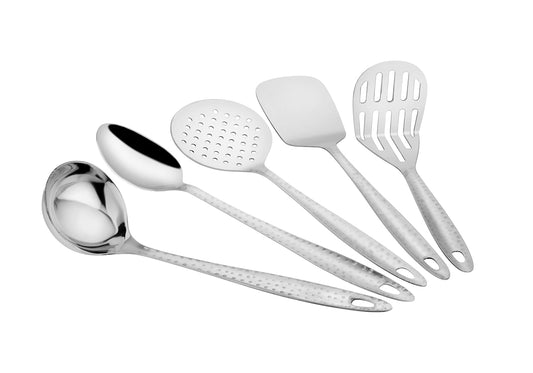 5 Pcs Stainless Steel Hammered Kitchen Tool Set for Cooking – 13” Spoons, Ladle, Skimmer, Turner, Spatula & Potato Masher, Silver