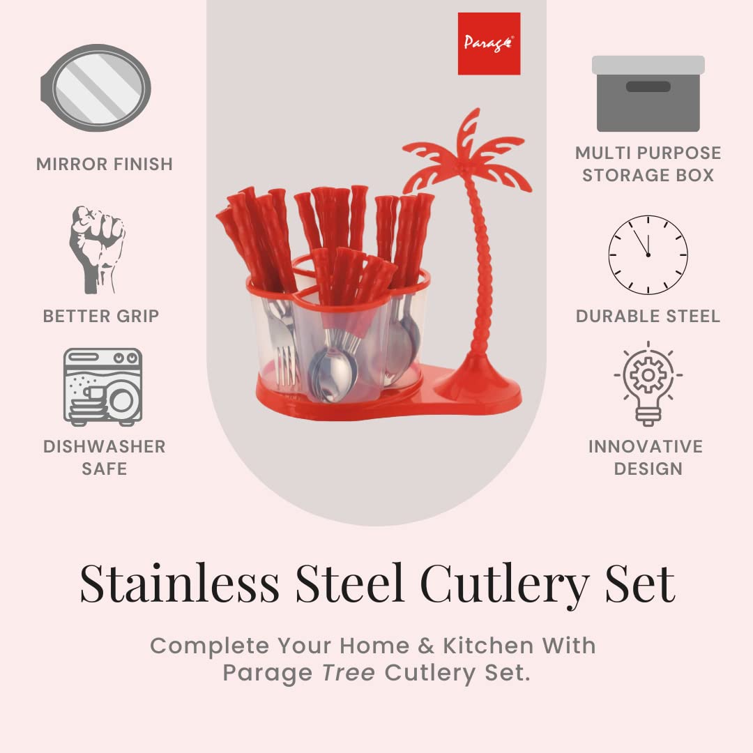 25 Pieces Stainless Steel Cutlery Set with Red Storage Box & Spoon Stand – Includes 6 Table Spoons, 6 Forks, 6 Soup Spoons, 6 Tea Spoons, 1 Stand for Kitchen & Dining
