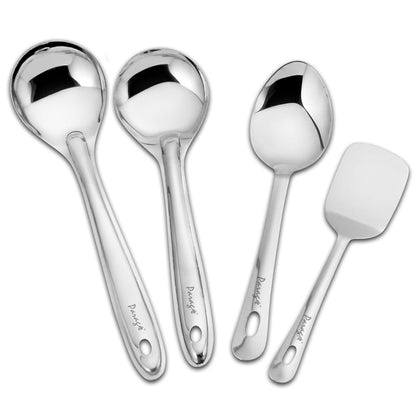 4 Pieces Stainless Steel Kitchen Tools Set for Cooking & Serving – Includes Serving Spoon, Turner, Basting Spoon, Rice Spoon, Silver Finish (26.5 cm, 25 cm x2, 23 cm)