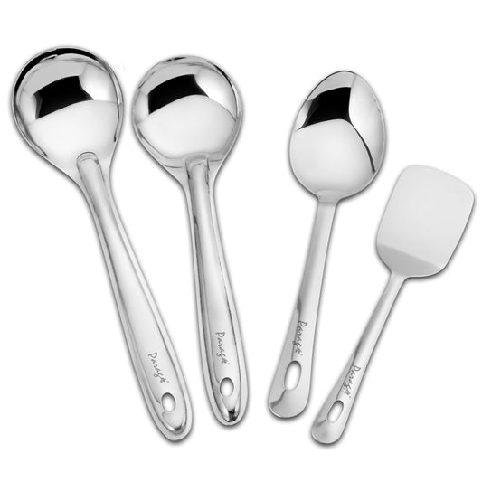 4 Pieces Stainless Steel Kitchen Tools Set for Cooking & Serving – Includes Serving Spoon, Turner, Basting Spoon, Rice Spoon, Silver Finish (26.5 cm, 25 cm x2, 23 cm)