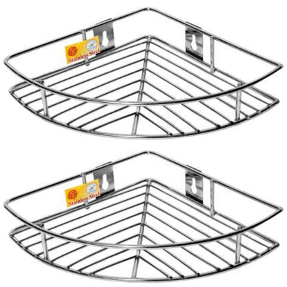 2 Pcs Stainless Steel Multipurpose Corner Shelf Rack – Organizer for Kitchen & Bathroom, Wall-Mounted, 23×23×5 cm, Chrome Finish