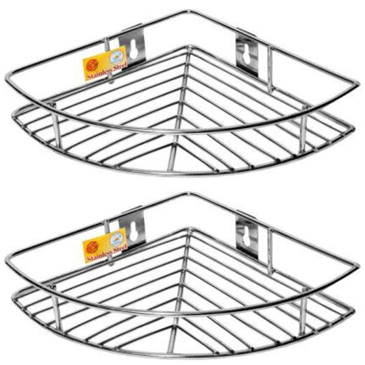 2 Pcs Stainless Steel Multipurpose Corner Shelf Rack – Organizer for Kitchen & Bathroom, Wall-Mounted, 23×23×5 cm, Chrome Finish