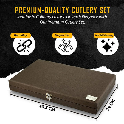 24 Pieces Premium Stainless Steel 24K Golden Cutlery Set for Home & Kitchen – Includes 6 Table Spoons, 6 Table Forks, 6 Dinner Spoons, 6 Tea Spoons, 24K Gold Plated, Leatherite Gift Box