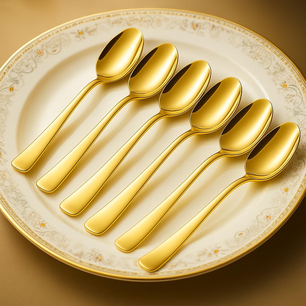 6 Pcs Stainless Steel Gold Spoon Set – 16cm, Premium Dinner Spoons for Home & Kitchen, Luxury Tableware, Housewarming Gift, Gold Cutlery Set