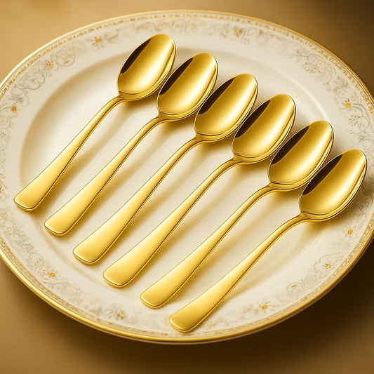 6 Pcs Stainless Steel Gold Spoon Set – 16cm, Premium Dinner Spoons for Home & Kitchen, Luxury Tableware, Housewarming Gift, Gold Cutlery Set