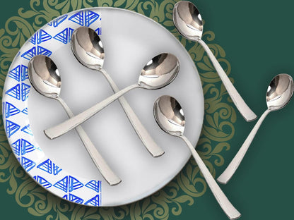 Stainless Steel Soup Spoon Set of 6 | 18.5 cm Long Spoons for Home & Kitchen | Silver