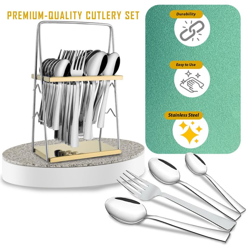 25 Pieces Regal Premium Stainless Steel Cutlery Set with Stand – Includes 6 Table Forks, 6 Table Spoons, 6 Dinner Spoons, 6 Tea Spoons, Stylish Spoon Set for Dining Table