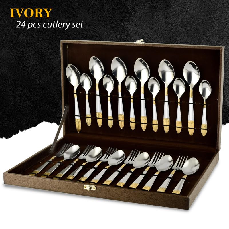 24pc Stainless Steel Golden Cutlery | Gift Box | Ivory Design