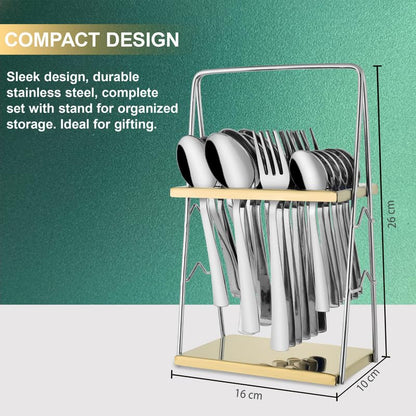 25 Pieces Regal Premium Stainless Steel Cutlery Set with Stand – Includes 6 Table Forks, 6 Table Spoons, 6 Dinner Spoons, 6 Tea Spoons, Stylish Spoon Set for Dining Table