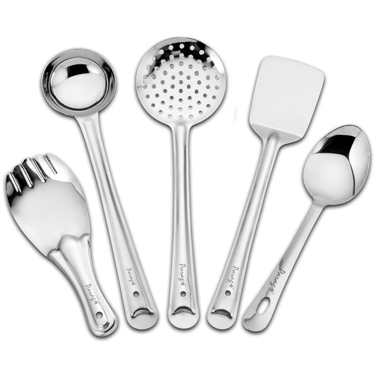 5 Pieces Stainless Steel Kitchen Tools Set for Cooking & Serving – Includes Ladle, Skimmer, Turner, Basting Spoon, Rice Spoon, Silver Finish