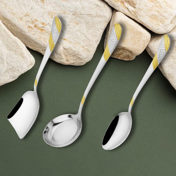 3 Pcs Stainless Steel Gold Serving Spoon Set for Kitchen & Dining – 1.8mm Heavy Gauge, 1 Soup Ladle, 1 Solid & 1 Rice Spoon, 24K Gold (Pack of 3)
