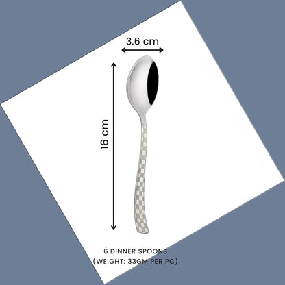 6 Pieces Stainless Steel Premium Dinner Spoon Set, 16 cm, Silver, Checks Design