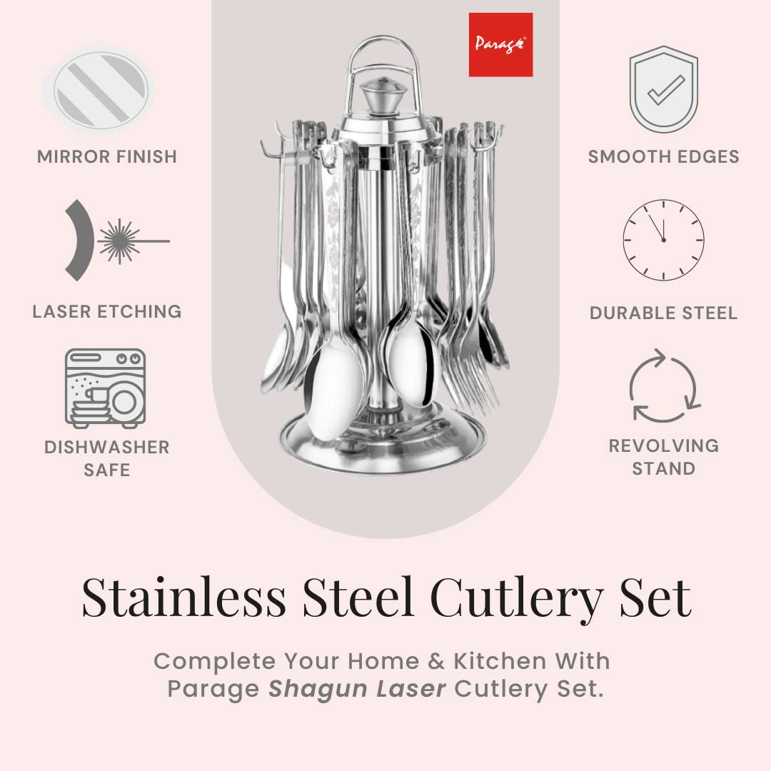 25 Pcs Stainless Steel Cutlery Set with Stand for Home & Kitchen | Silver Tableware