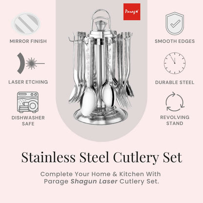 25 Pcs Stainless Steel Cutlery Set with Stand for Home & Kitchen | Silver Tableware