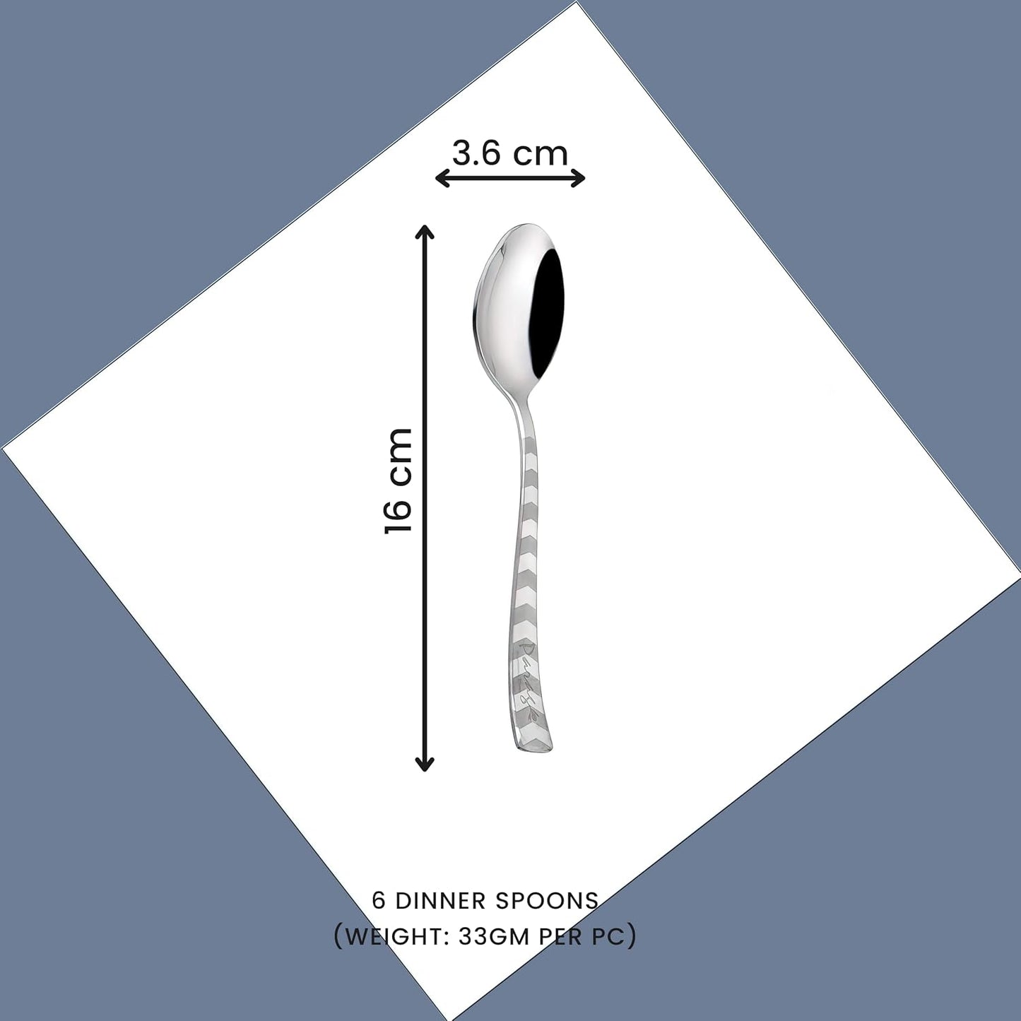 Stainless Steel Spoon Set of 6 | Arrow Design Dinner Spoons for Home & Kitchen | 16 cm, Silver