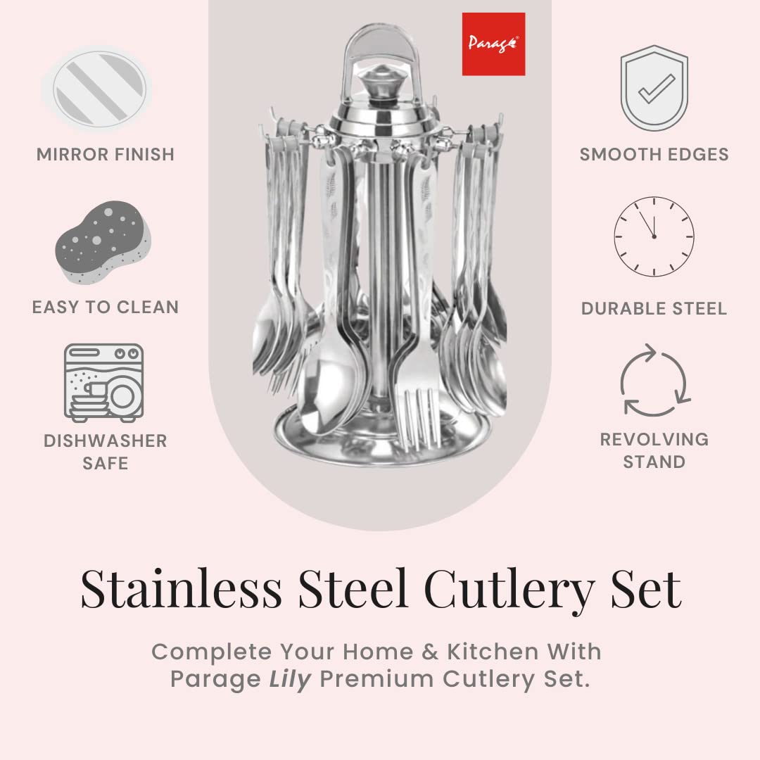 24 Pieces Lily Stainless Steel Cutlery Set with Stand – Includes 6 Dinner Spoons, 6 Tea Spoons, 6 Dinner Forks, 6 Soup Spoons, Stylish Mirror Polished Spoon Set for Dining Table