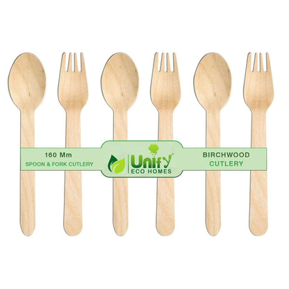 100 Pcs Disposable Wooden Spoons & Forks | 160mm, Eco-Friendly, Biodegradable | Party, Wedding