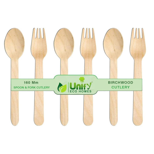 100 Pcs Disposable Wooden Spoons & Forks | 160mm, Eco-Friendly, Biodegradable | Party, Wedding