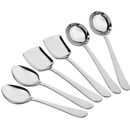 6 Pcs Stainless Steel Serving Spoon Set for Kitchen & Dining – 1.8mm Heavy Gauge, 2 Soup Ladles, 2 Solid & 2 Rice Spoons, Silver