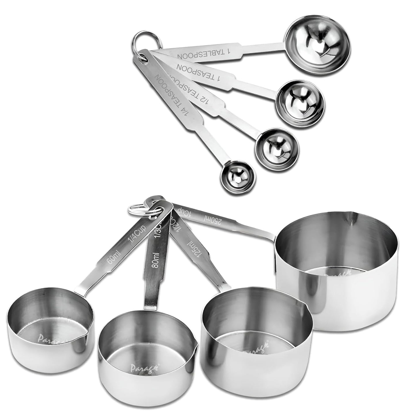 Stainless Steel Measuring Cups & Spoons Combo – 4 Cups & 4 Spoons, Stackable, Professional Kitchen Gadgets for Dry & Liquid Ingredients, Cooking & Baking