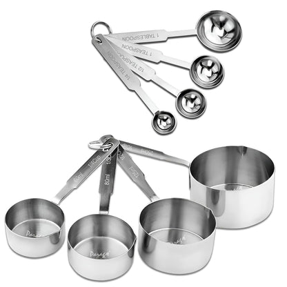 Stainless Steel Measuring Cups & Spoons Combo – 4 Cups & 4 Spoons, Stackable, Professional Kitchen Gadgets for Dry & Liquid Ingredients, Cooking & Baking