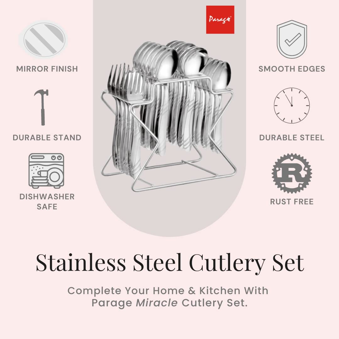 25 Pcs Stainless Steel Cutlery Set with Stand | Mirror Finish Dining Table Set