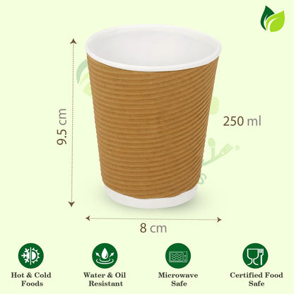 25 Ripple Paper Cups | 250ml Non-Slip | Coffee & Drinks