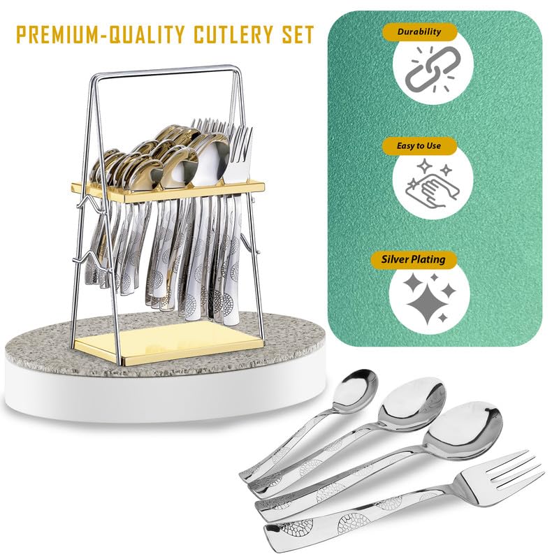 25 Pieces Regal Premium Stainless Steel Cutlery Set with Stand – Includes 6 Table Forks, 6 Table Spoons, 6 Dinner Spoons, 6 Tea Spoons, Stylish Spoon Set for Dining Table
