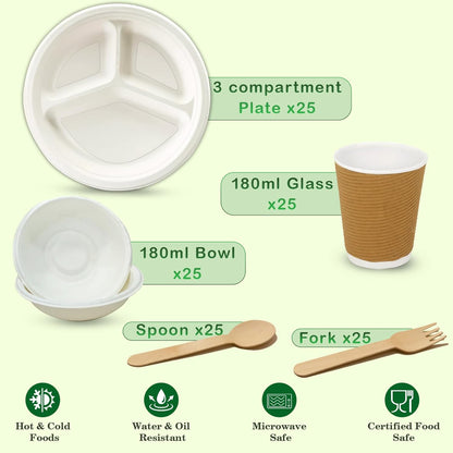 25pc Bagasse Dinnerware Set | 3-Compartment Plates & Bowls