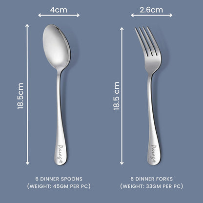 12-Piece Stainless Steel Spoon & Fork Set | Tableware with Round Edge, Silver