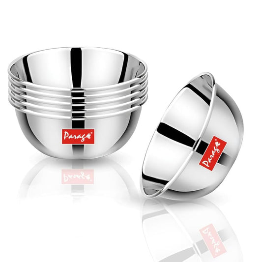 6 Pieces Stainless Steel Big Size Bowls/Katori/Wati – Heavy Gauge, Mirror Finish, 10.2 cm Dia, 220 ml Each, Set of 6, Silver
