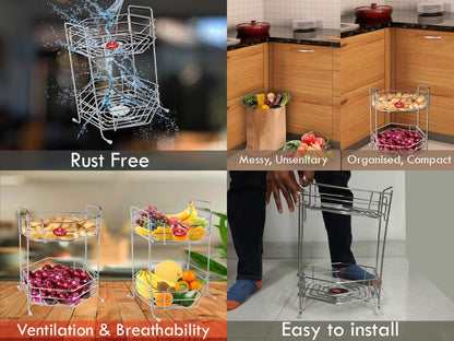 Stainless Steel 2 Tier Fruits and Vegetables Basket for Kitchen Storage, Rack Organizer for Home & Pantry, Chrome (Hexa)
