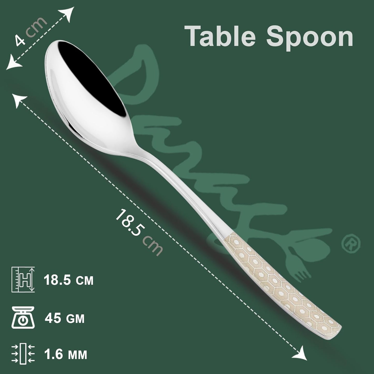 6 Pieces Stainless Steel Premium Table Spoon Set for Home & Kitchen – 18.5 cm Luxury Dining Tableware, Laser Chammach Set Gift, Silver with Dazzle Design
