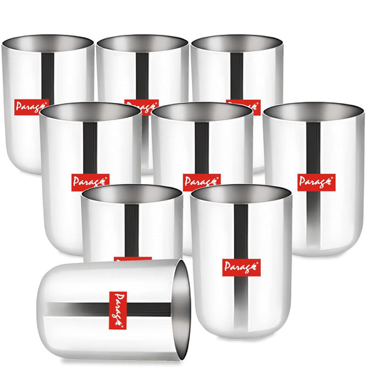 9 Pieces Stainless Steel Heavy Gauge Glass Set – Scratch Resistant Serving Glasses, 300ml for Water & Juice, Silver, Dia 6.5 cm, Height 10 cm