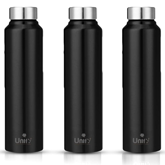Stainless Steel Water Bottle 1 Litre | Leak-Proof Fridge Bottle for Home, Gym & Travel | Set of 3, 1000 ml, Black