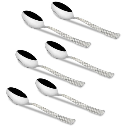 6 Pieces Stainless Steel Premium Dinner Spoon Set, 16 cm, Silver, Checks Design