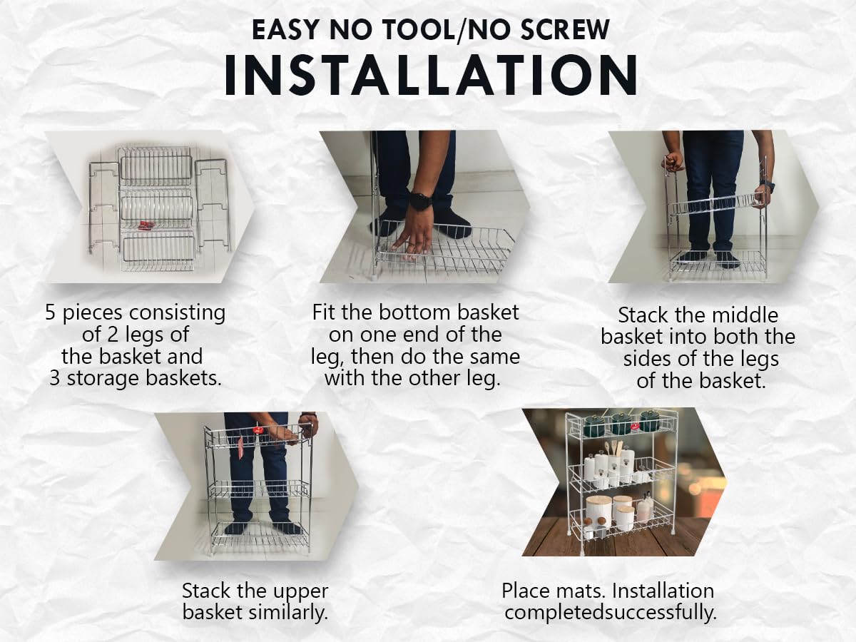 Stainless Steel 3 Tier Kitchen Spice Rack | Countertop Organizer with Shelf Liner for Cabinet & Pantry, Chrome