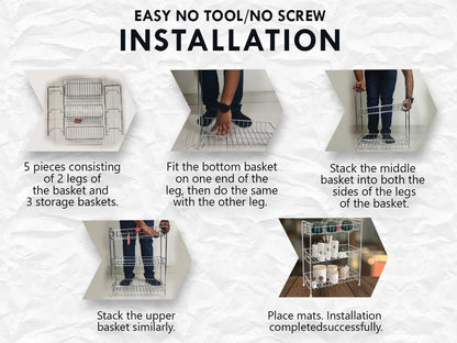 Stainless Steel 3 Tier Kitchen Spice Rack | Countertop Organizer with Shelf Liner for Cabinet & Pantry, Chrome