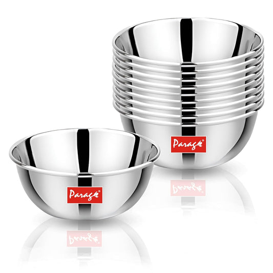 9 Pieces Stainless Steel Big Size Bowls/Katori/Wati – Heavy Gauge, Mirror Finish, 10.2 cm Dia, 220 ml Each, Set of 9, Silver