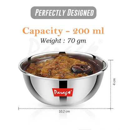 12 Pieces Stainless Steel Big Size Bowls/Katori/Wati – Heavy Gauge, Mirror Finish, 10.2 cm Dia, 220 ml Each, Set of 12, Silver