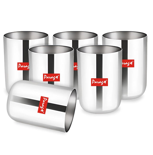 6 Pieces Stainless Steel Heavy Gauge Glass Set – Scratch Resistant Serving Glasses, 300ml for Water & Juice, Silver, Dia 6.5 cm, Height 10 cm