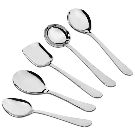 5 Pcs Stainless Steel Serving Spoon Set for Kitchen & Dining – 1.8mm Heavy Gauge, Soup Ladle, Solid, Rice & Basting Spoons, Silver