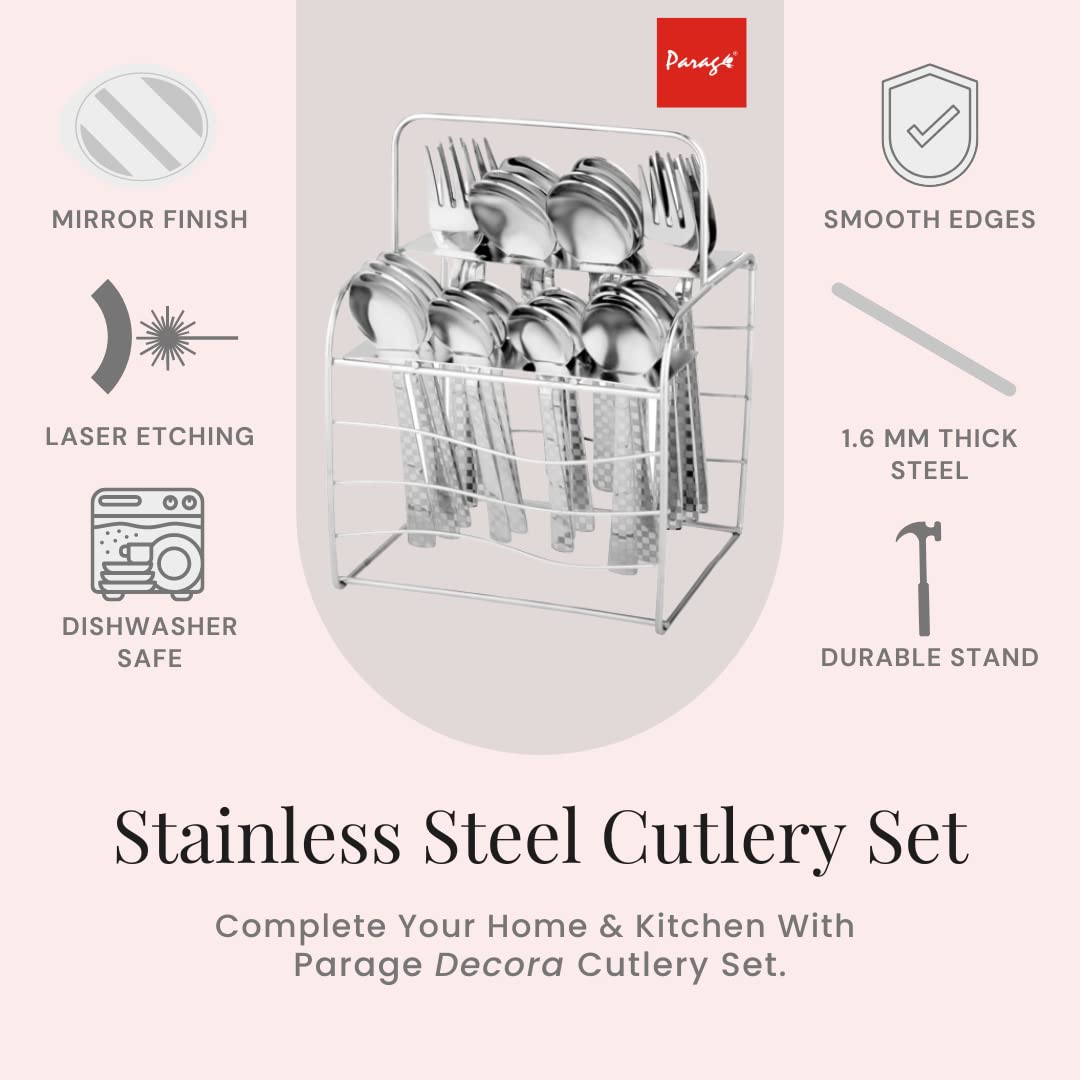 25-Piece Decora Stainless Steel Cutlery Set with Stand | Spoons & Forks for Dining Table, Silver