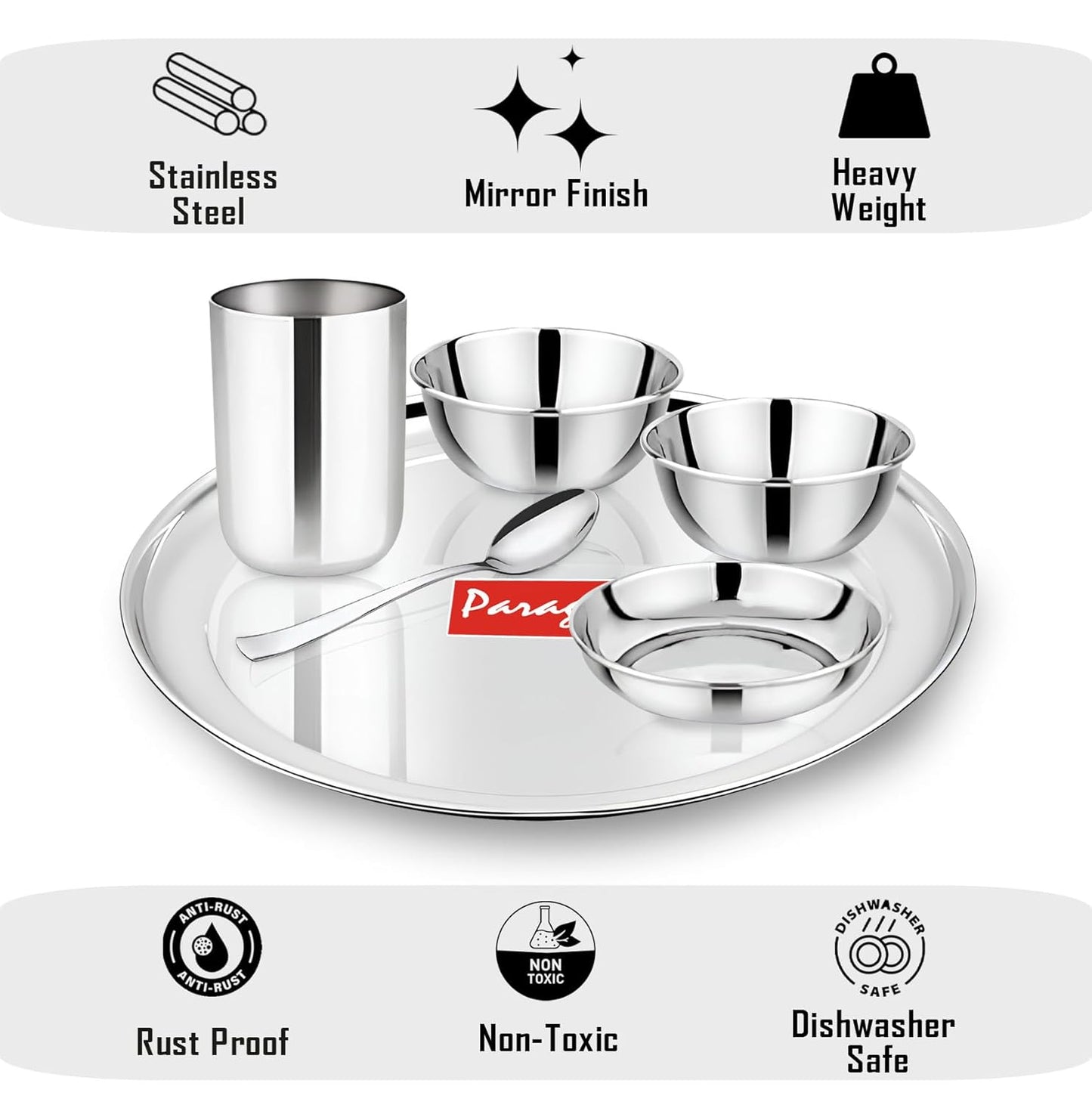 6pc Stainless Steel Dinner Set | Thali Heavy Gauge | Silver