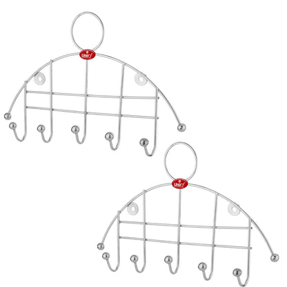 2 Pieces Stainless Steel Wall Cloth Hanger with 5 Hooks, Key Holder & Towel Rack for Bathroom & Kitchen, Silver (Pack of 2)