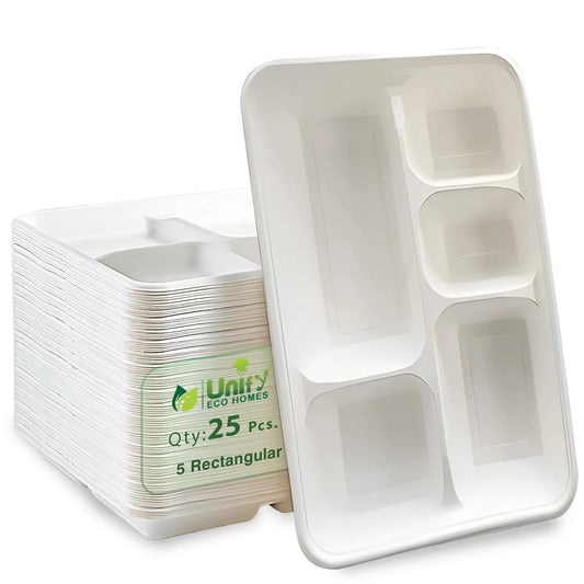 25pc 5-Compartment Bagasse Meal Trays | Eco-Friendly | White