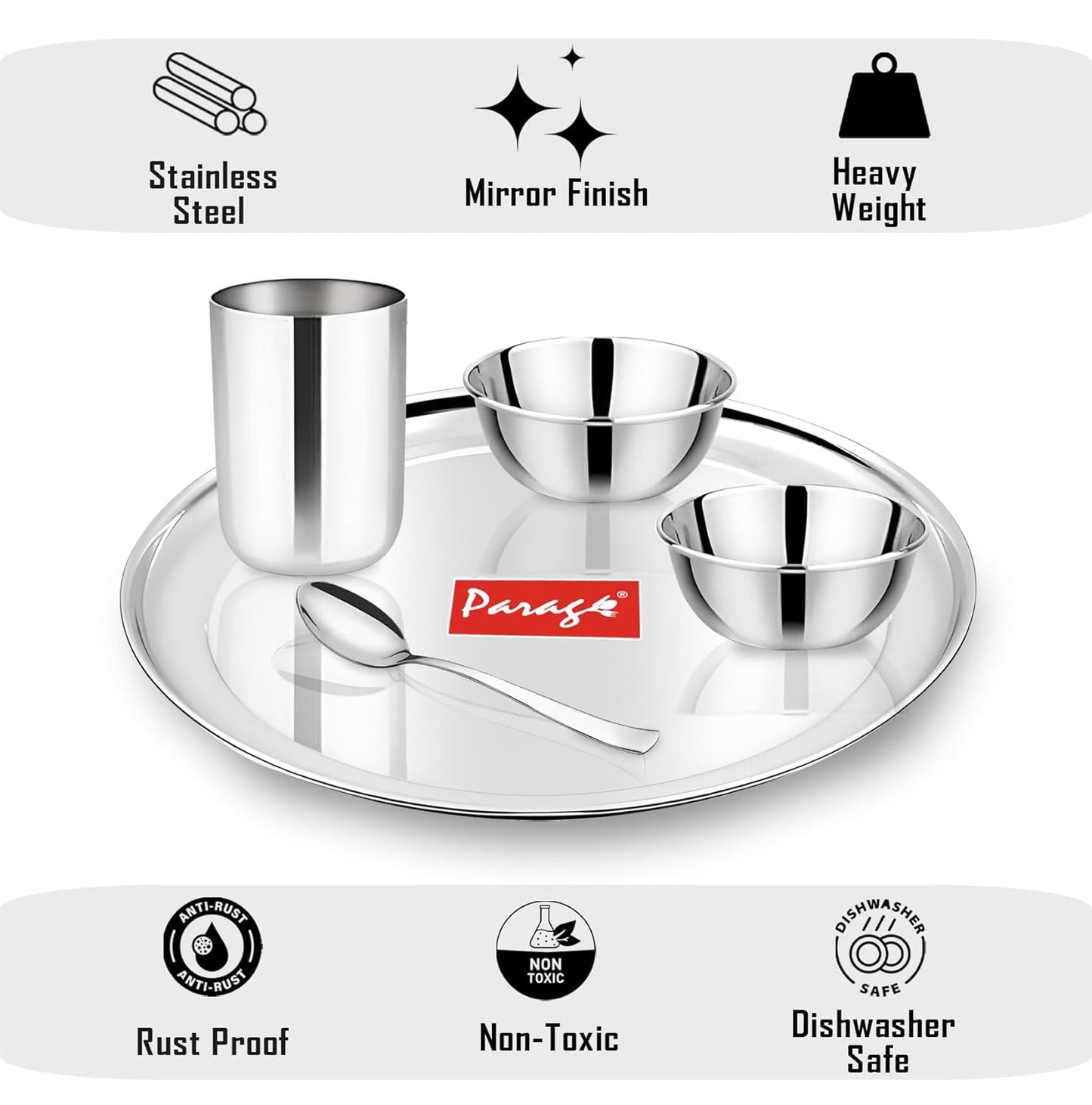 5pc Stainless Steel Dinner Set | Thali Heavy Gauge | Silver